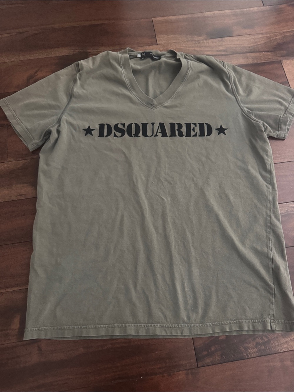 DSQUARED Olive Green V-Neck Tee with Black Logo - Picture 1 of 2
